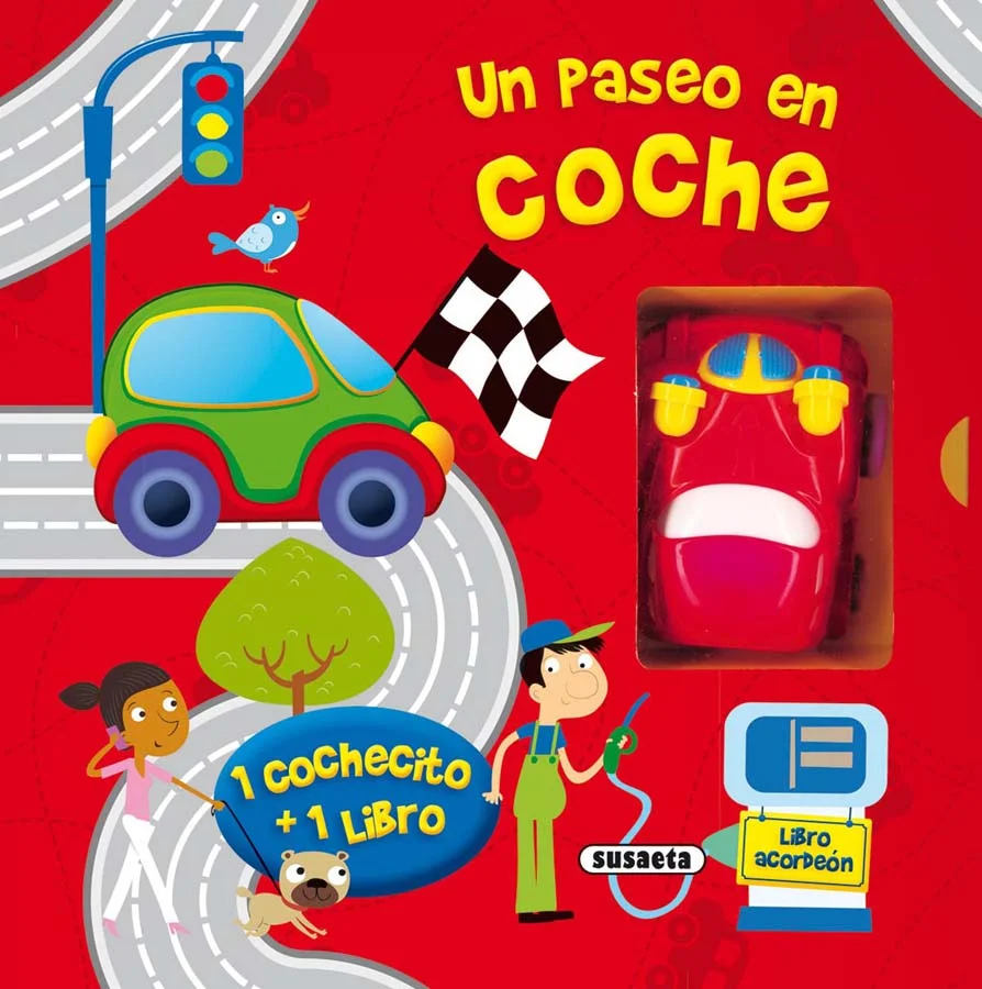 Abre este fantástico libro acordeón y descubre lo divertida que es la ciudad recorriendo sus calles con tu coche de juguete.