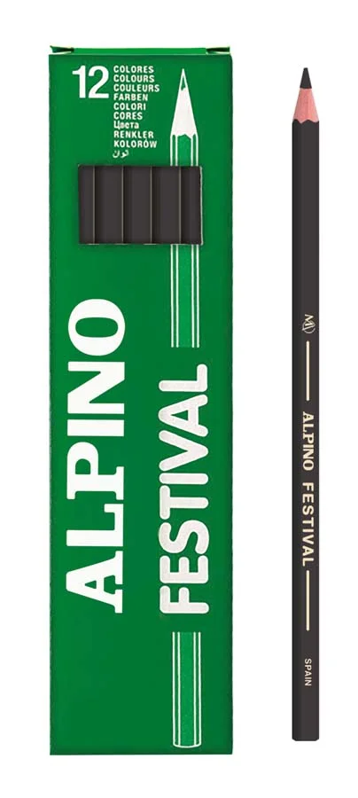 <b>Llapis de Colors Alpino Festival 12 unitats negre</b><br><br>Llapis de colors <b>Alpino Festival</b> de secció hexagonal. El format és ideal pe...