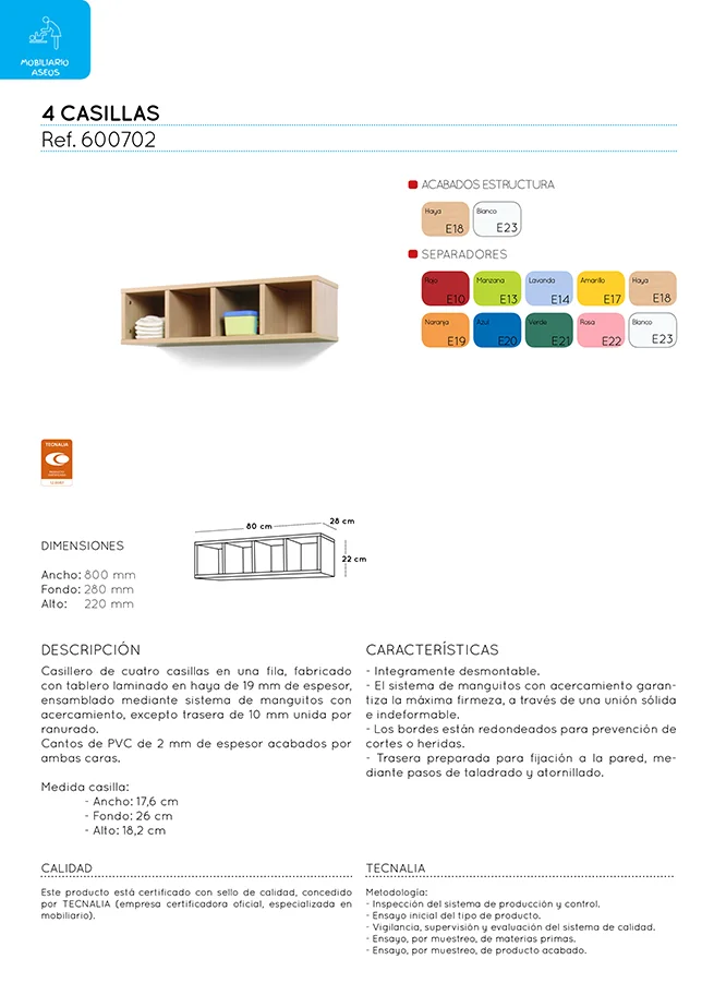 Moble Caseller 4 caselles 80x22x28cm estructura faig separador faig Moble Caseller 4 caselles 80x22x28cm estructura faig separador faig