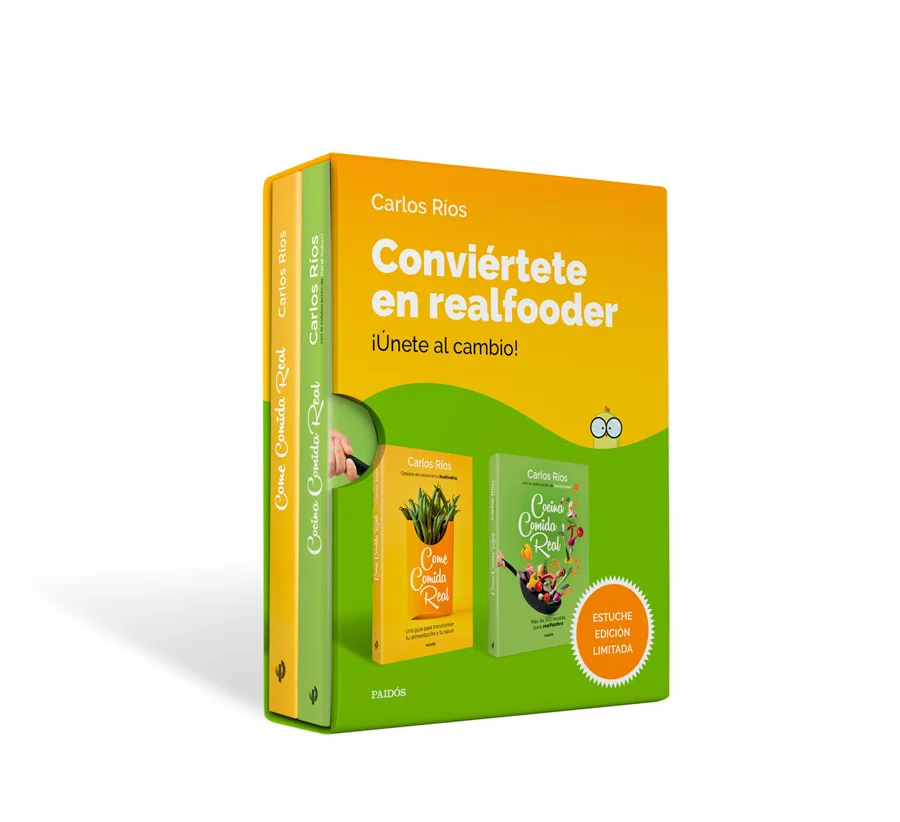 Un estuche que contiene <b><i>Come comida real</i></b> y <i><b>Cocina comida real</b></i>, los dos<br />libros del dietista y nutricionista Carlos...